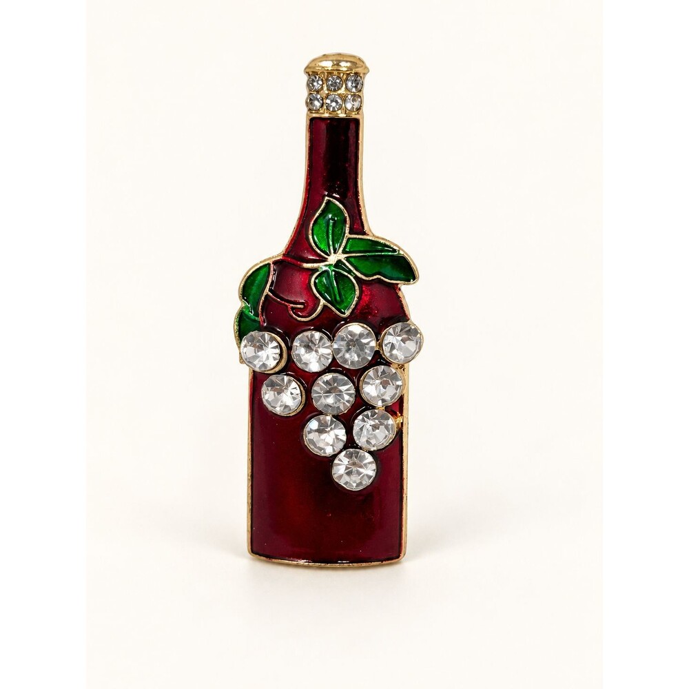 Wine Bottle Brooch Pin Burgundy Red Enamel Rhinestone Grapes Green Gold Tone